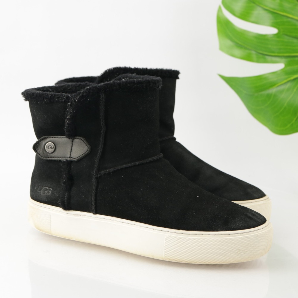 Ugg Womens Aika Boots Size 7.5 Black Suede Sherpa Furry Pull On Booties Platform